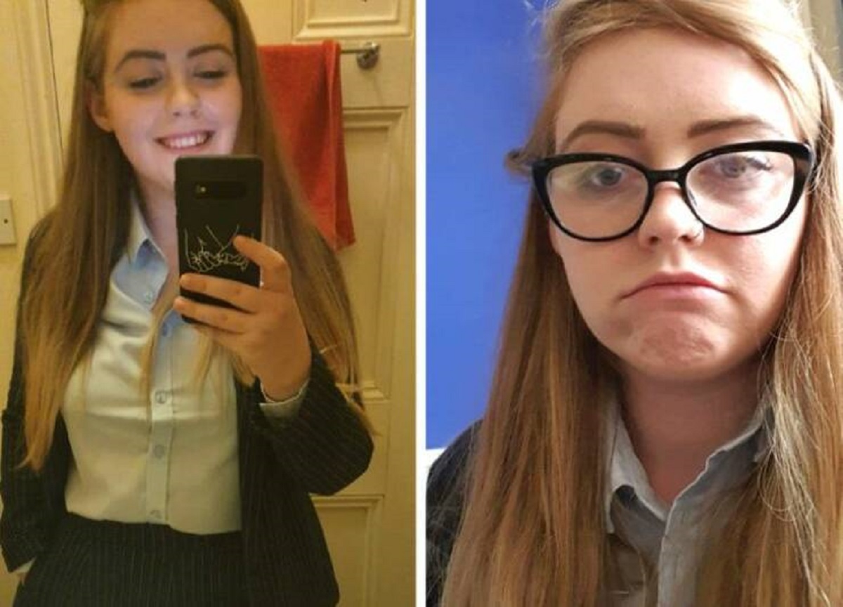 “My girlfriend before and after her first day as a teacher.”