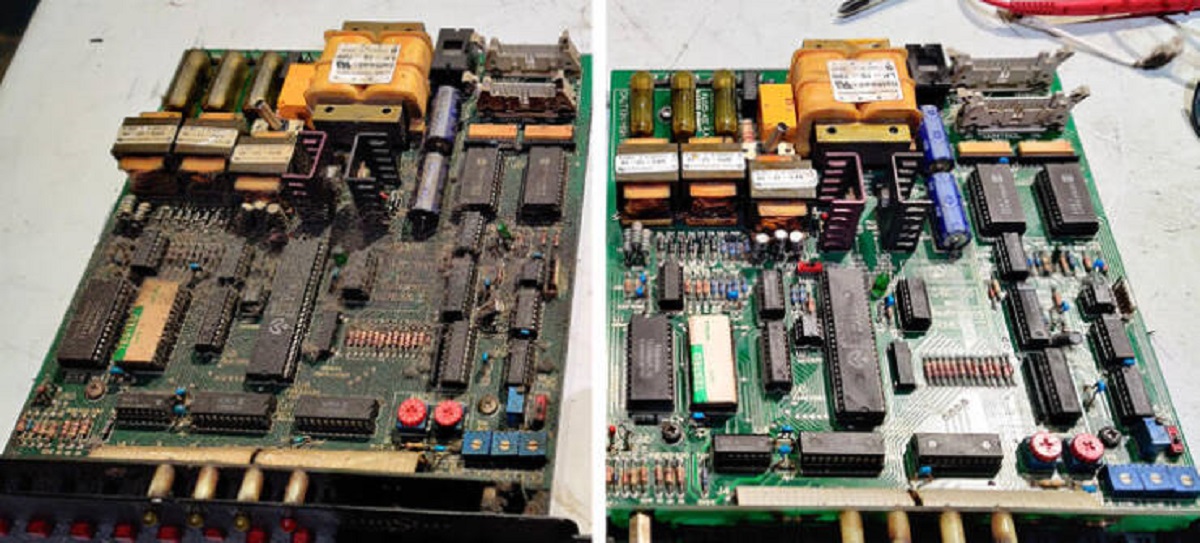 “Before and after cleaning 30 years of shows from a dimmer rack.”