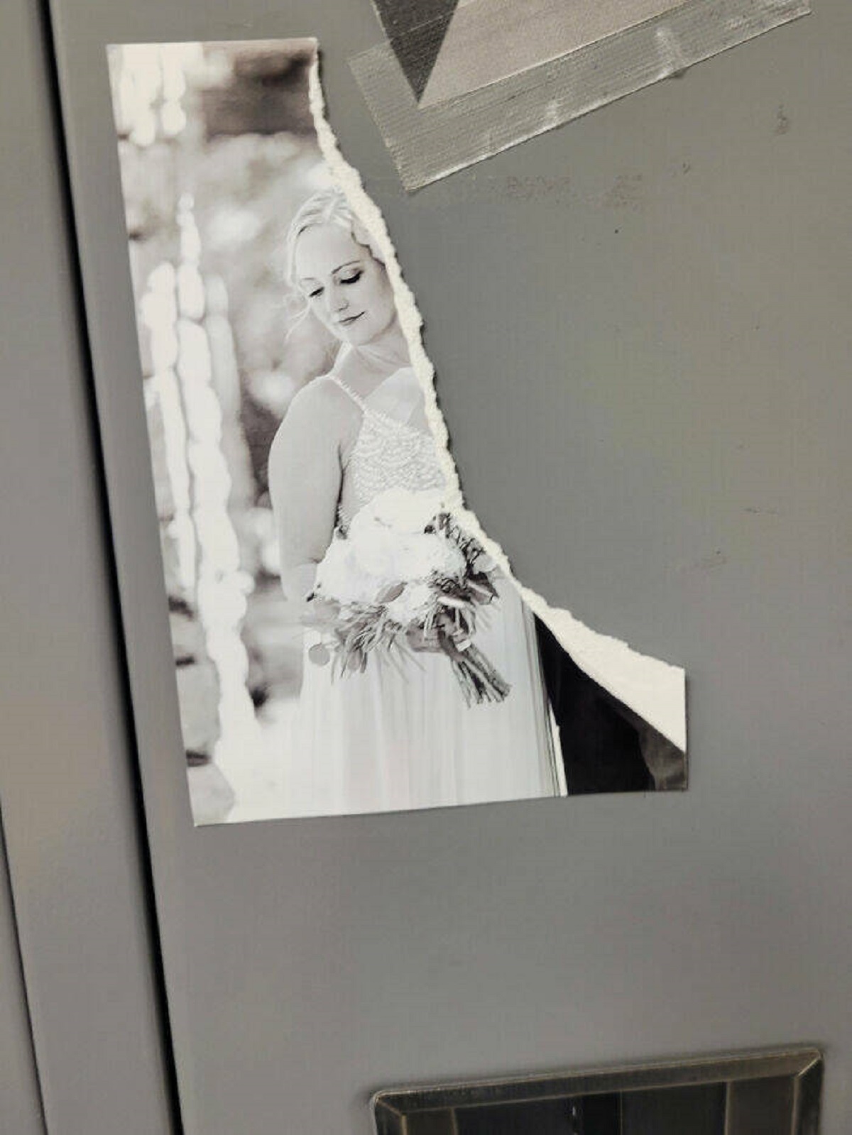 "Someone At Work (Nursing) Perfectly Ripped My Husband Out Of The Wedding Photo On My Locker. There's No Way This Was Accidental"