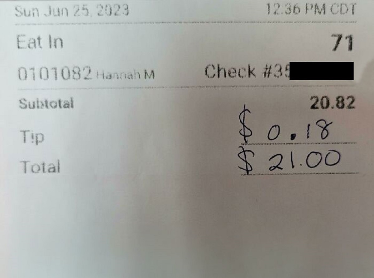 bad customers -  number - Sun Eat In 0101082 Hannah M Subtotal Tip Total 12.36 Pm Cdt Check 71 20.82 0.18 $21.00