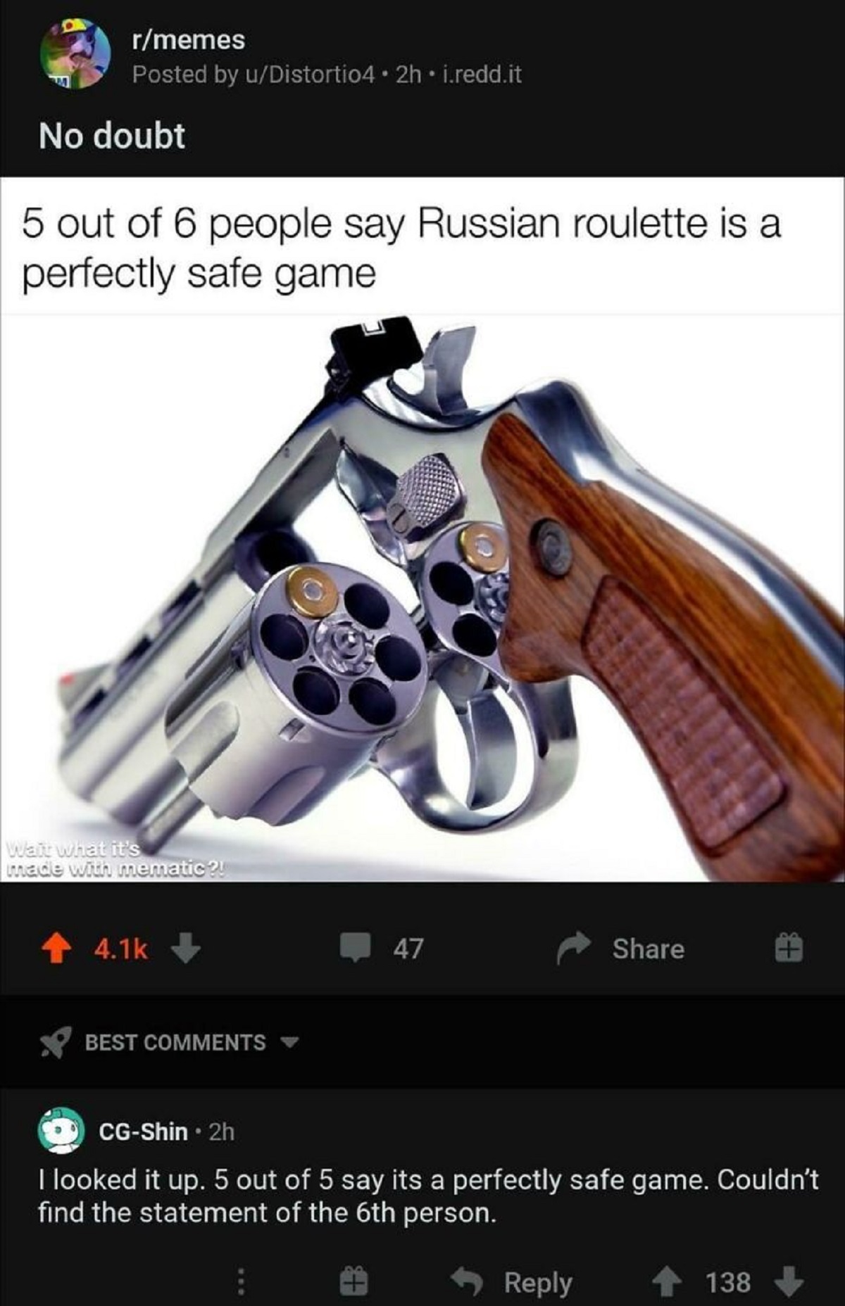 funny replies better than the original - rmemes Posted by uDistortio4. 2h.i.redd.it No doubt 5 out of 6 people say Russian roulette is a perfectly safe game Wait what it's made with mematic?! Best 47 CgShin.2h I looked it up. 5 out of 5 say its a perfectl