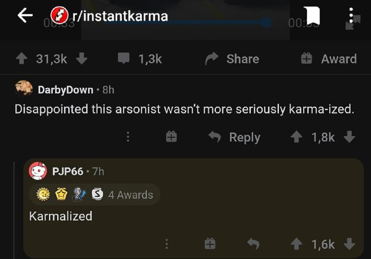 funny replies better than the original - screenshot - rinstantkarma PJP66 7h Karmalized DarbyDown 8h Disappointed this arsonist wasn't more seriously karmaized. S 4 Awards 3 00 S Award