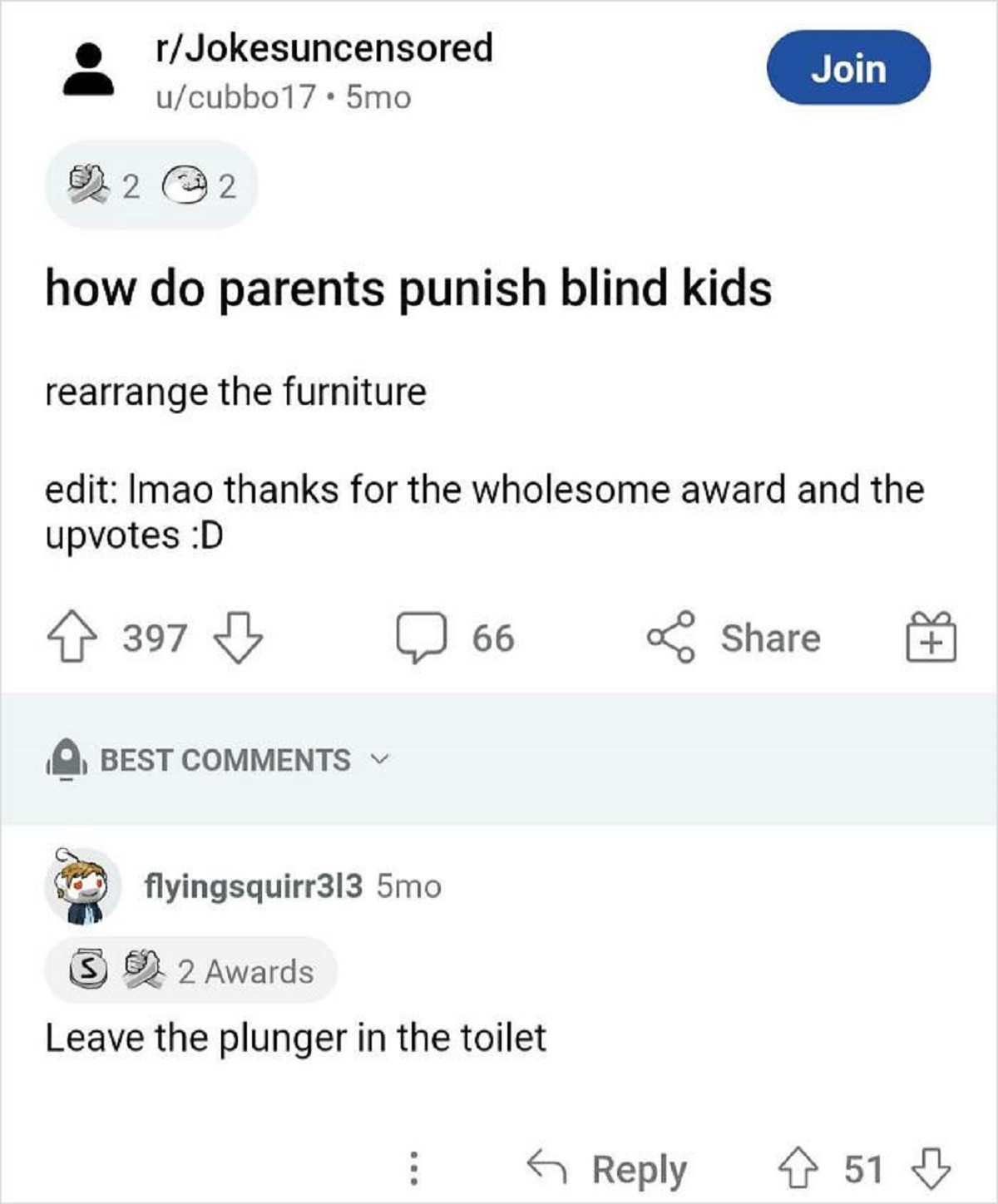 funny replies better than the original - screenshot - 2 rJokesuncensored ucubbo17. 5mo 2 how do parents punish blind kids rearrange the furniture 397 edit Imao thanks for the wholesome award and the upvotes D Best flyingsquirr313 5mo 66 S 2 Awards Leave t
