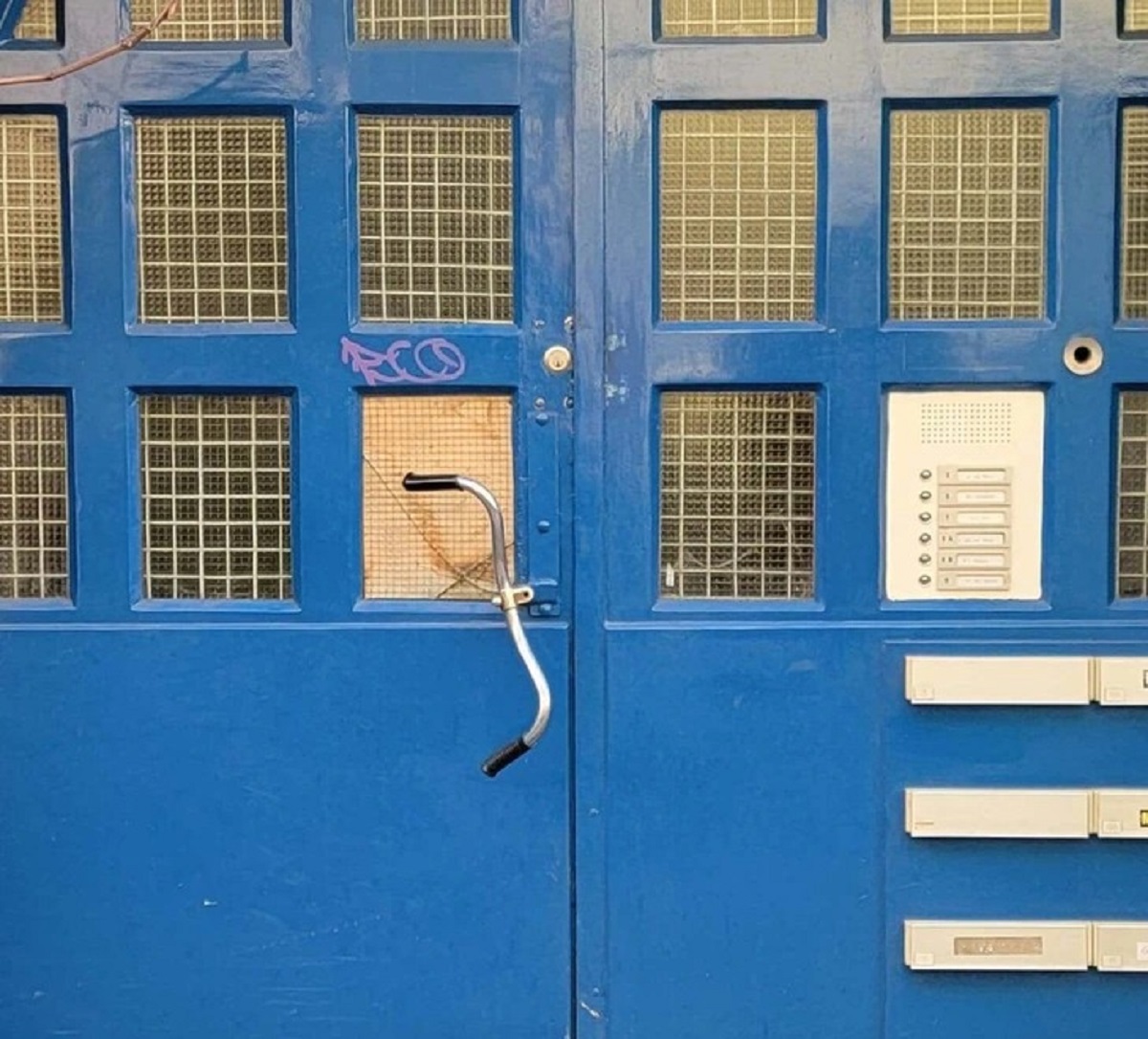 “The bike handlebar door knob on this apartment building”