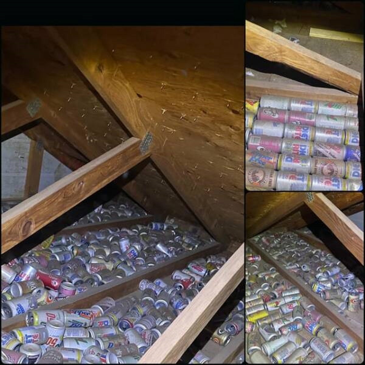 "Found an absolutely absurd amount of 30+ year old cans in the attic above my garage"