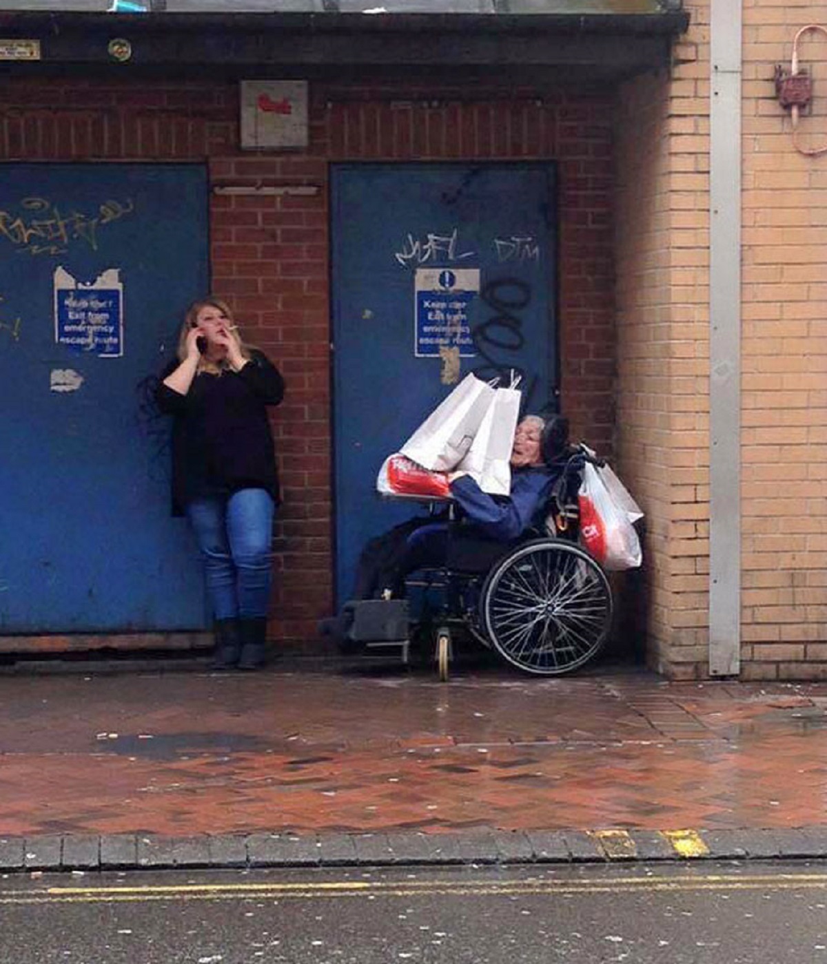 Support Worker Leaves Her Shopping Bags On Top Of The Disabled Man In Her Care As She Takes A Smoke Break