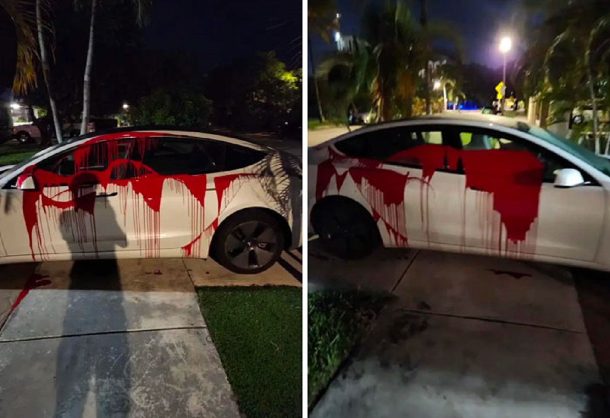 Neighbor Parked His Tesla By Blocking The Sidewalk, Someone Threw Red Paint At His Car