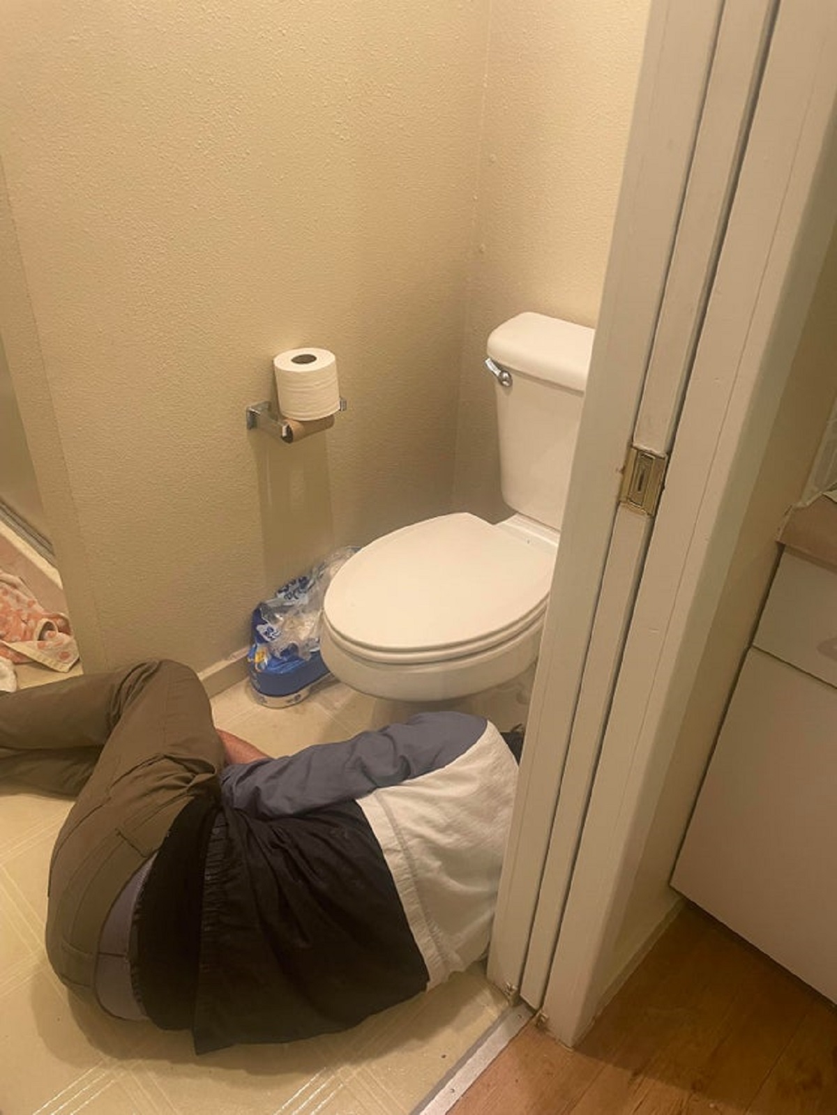 I have to go to the bathroom and my roommate is snoring next to the toilet after a night drinking.