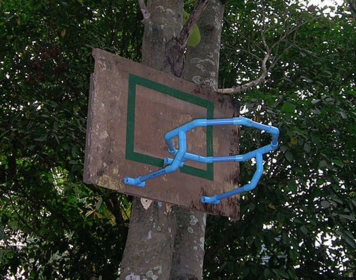 “A PVC pipe basketball ’hoop’ I made so that my son could practice”