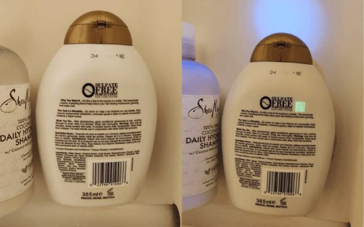 "This conditioner bottle has a hidden QR code that only shows up under UV light"