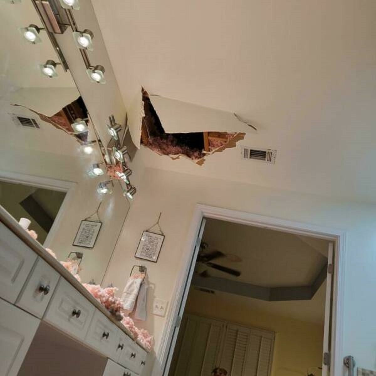 "This Is My View From The Bathroom Floor, Looking At The Hole In The Ceiling I Just Fell Through"