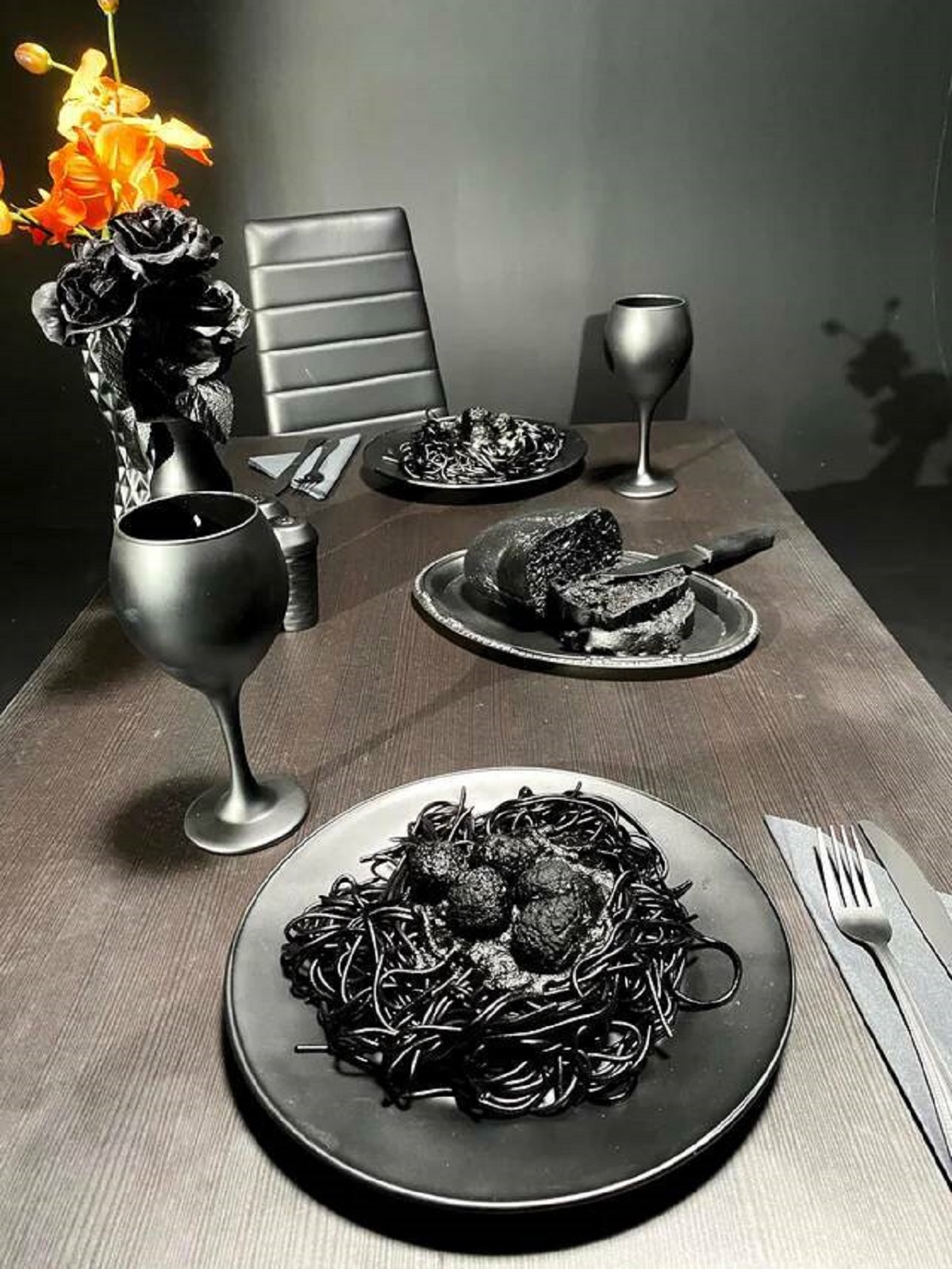 "Black pasta and bread we did for a music video using food coloring, we ate it and it tasted like regular pasta."