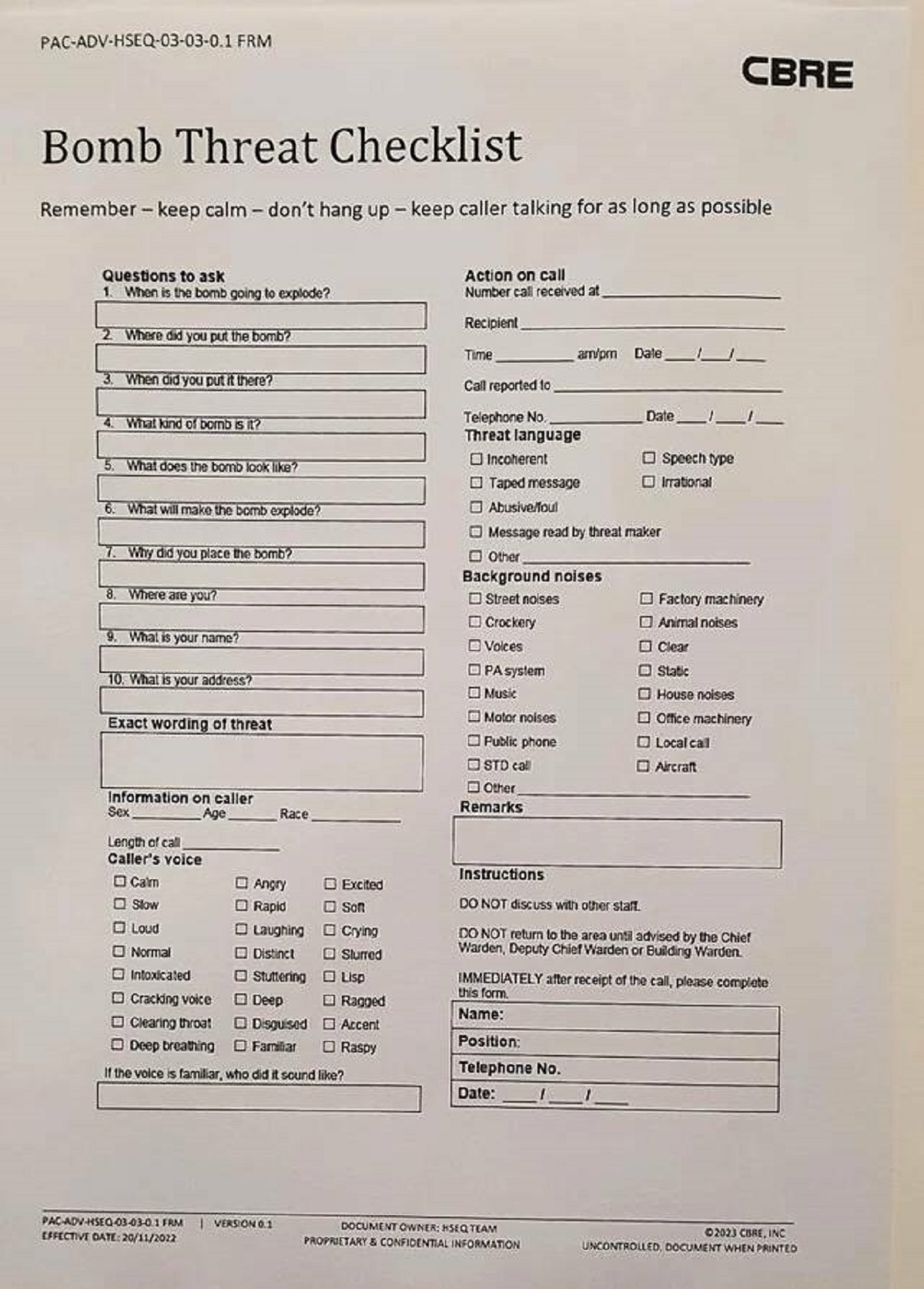 "A bomb threat checklist found at my work"