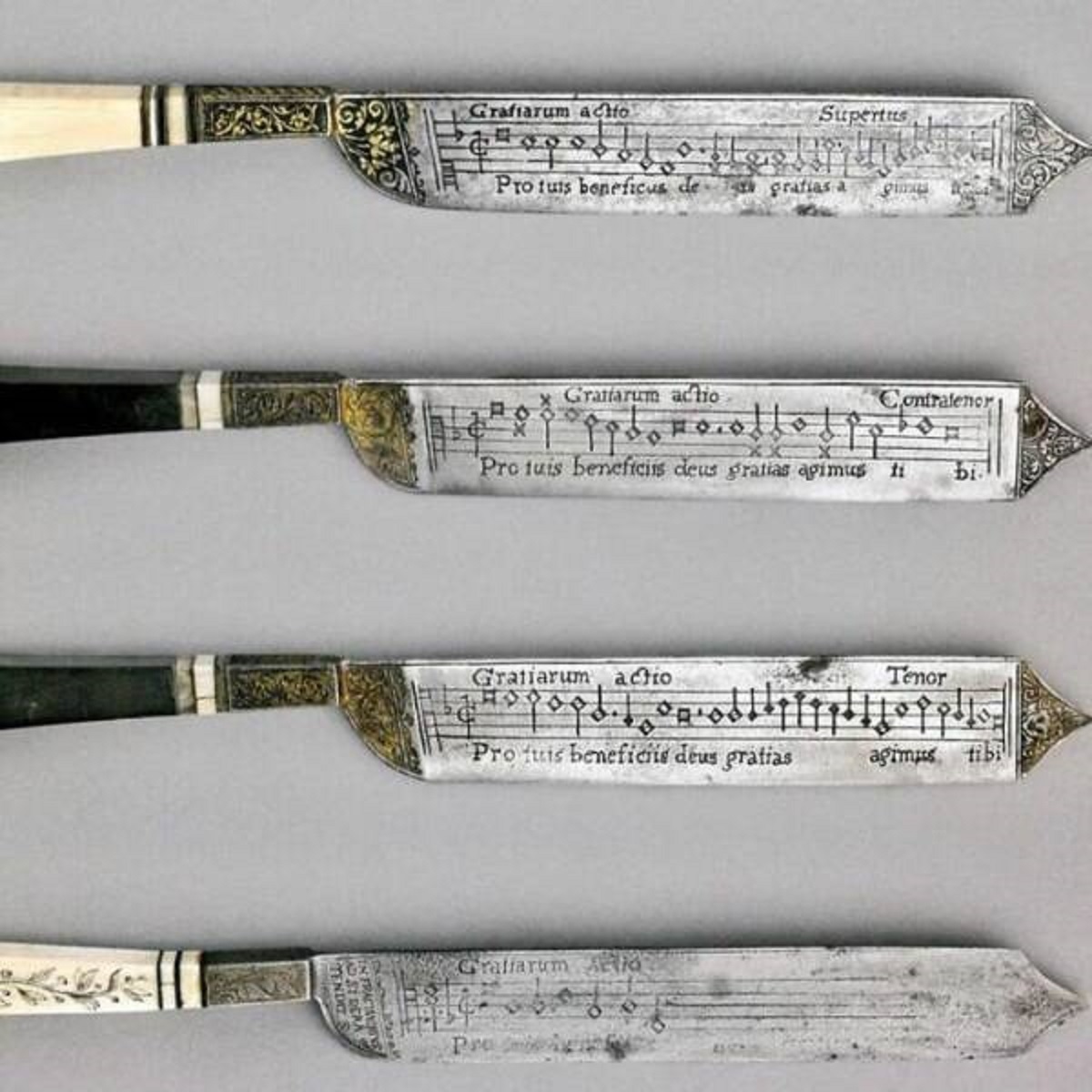 "These Are A Very Rare Set Of 16th Century Italian Notation Knives. Each Side Has Musical Notes And Lyrics Engraved On The Steel Blade, Which Are Meant To Be Sung As Grace Before And After A Meal"