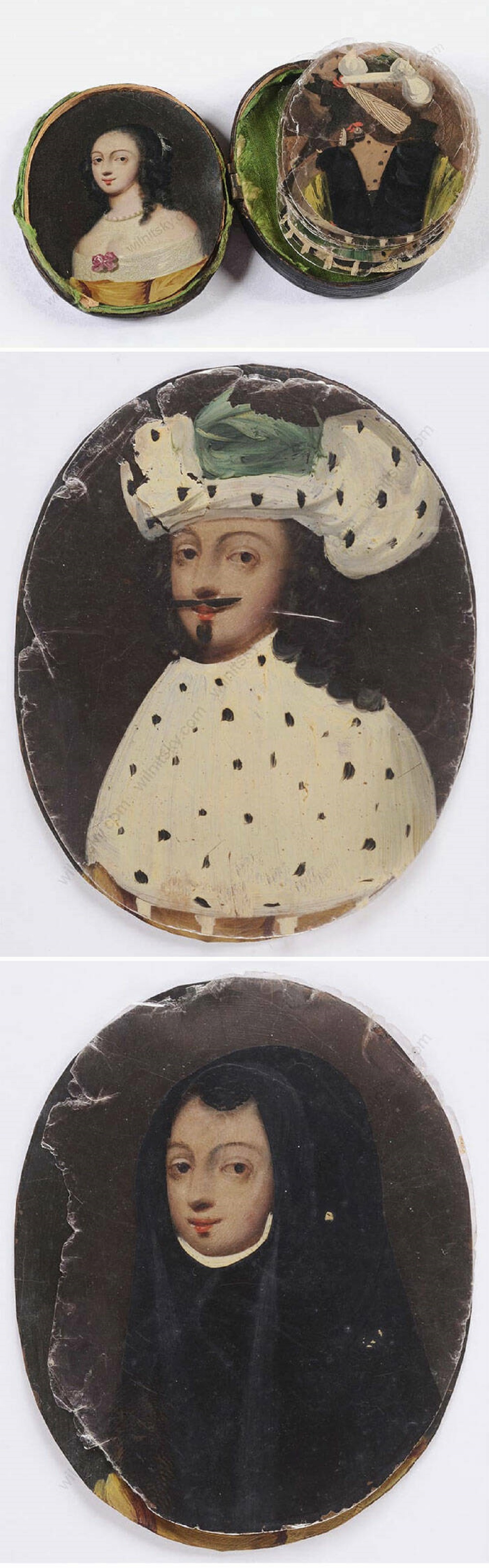 "A Woman Of Many Disguises! This Is An Example Of An Unusual Fad From The Mid-1600s: Miniature Oil Portraits That Came With Clear Slices Of Mica Painted With Different Costumes"