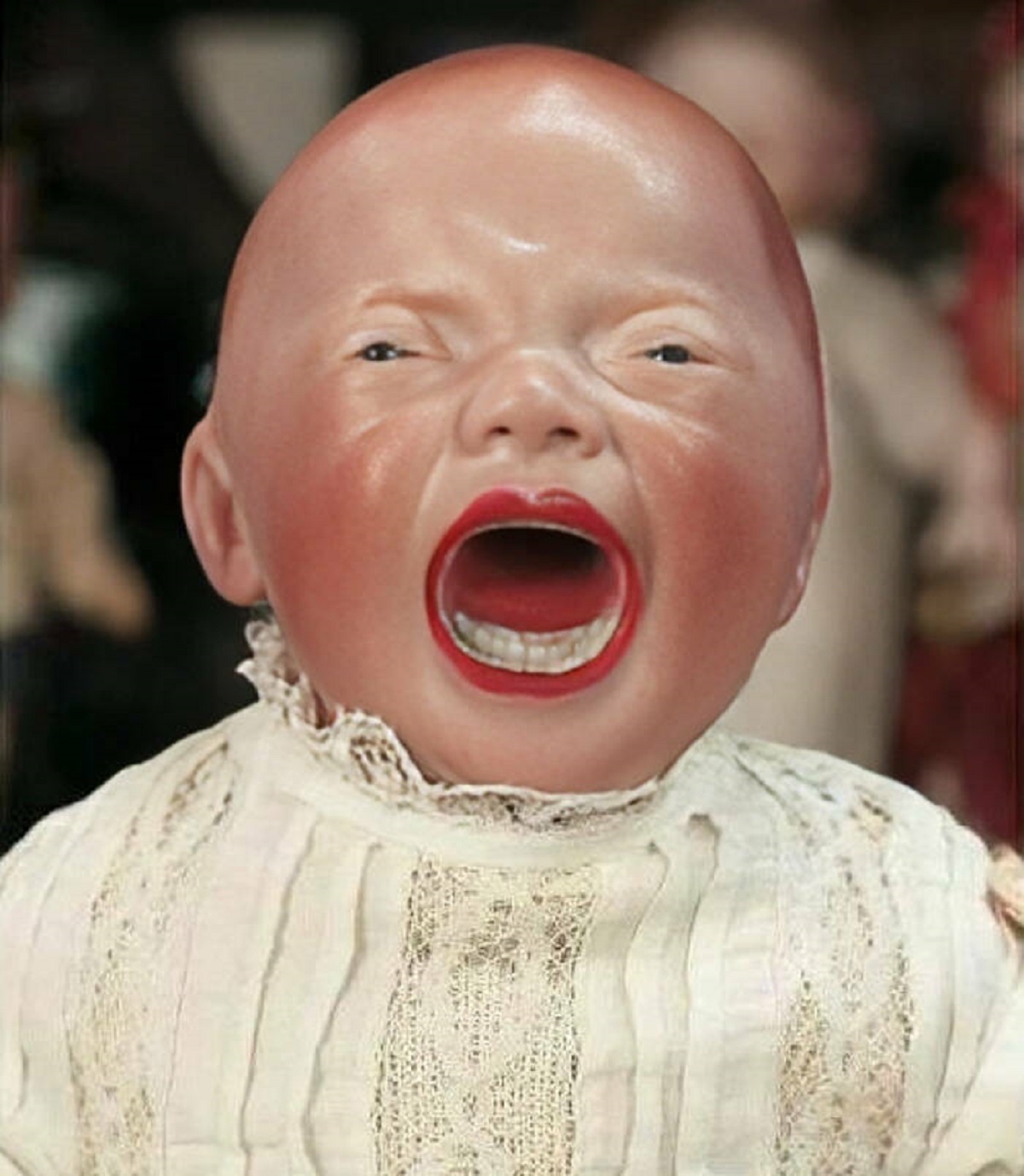 "Screaming Baby Dolls Made From Bisque Porcelain By German Dollmaker Kestner Around 1920. ⁣⁣ ⁣⁣ This Doll Gives Me Such A Visceral Stress Response. Honestly, I Don't Understand Who Would Ever Want Such A Thing Unless It Shoots Birth Control Pills Out Of Its Mouth At You Like A Pez Dispenser"