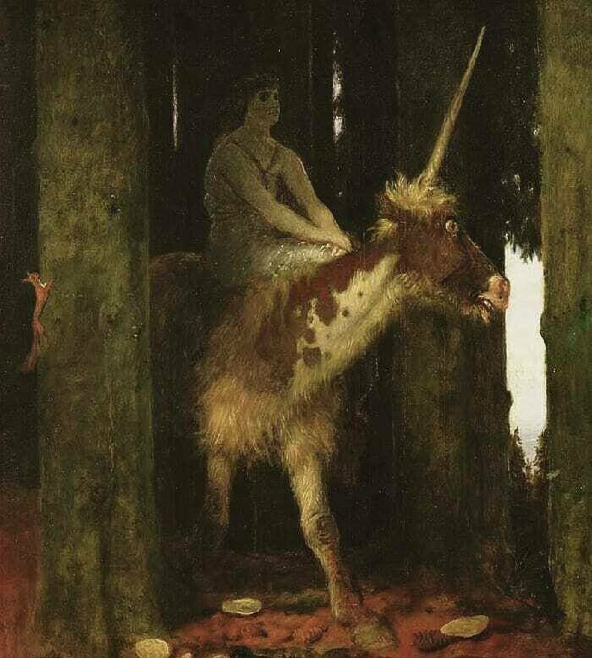 "This Enchanting Painting Is 'Silence Of The Forest' (1885) In Which A Nymph Rides Out Of A Darkened Wood On The Back Of A Freaked-Out Unicorn"