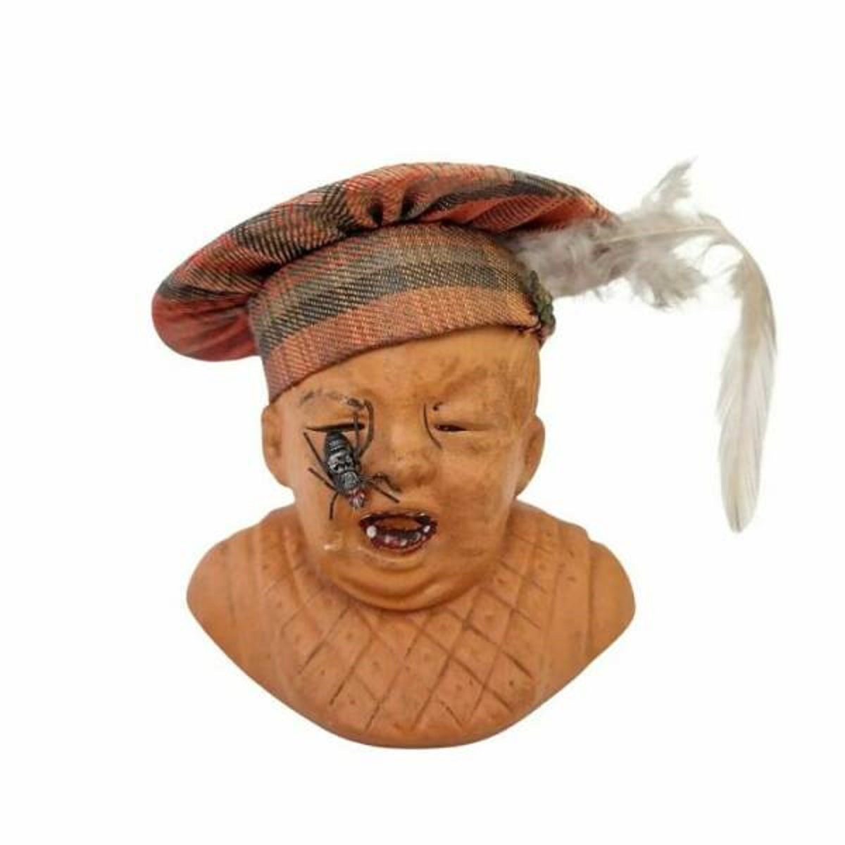 "Antique Terracotta Pincushion In The Shape Of A Crying Baby With A Big Gross Metal Fly On Its Face. The Nightmare Only Gets Worse As You Shove Your Sewing Pins Into The Soft Spot On His Poor Little Head"