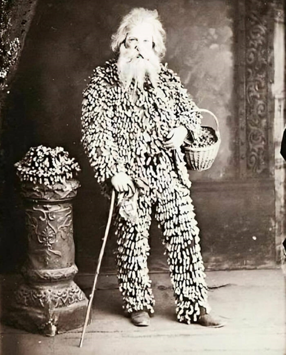 "A Peanut Vendor Wearing A Suit Made Of Peanuts In 1890. Photograph By Henry H. Buehman"