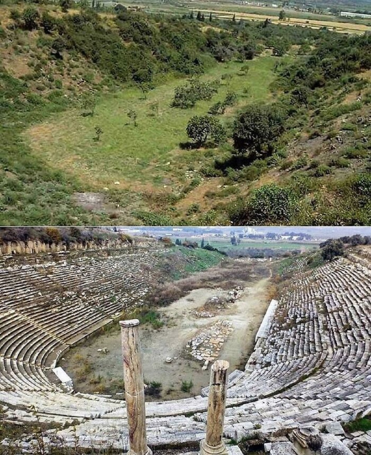 Before And After Of The Excavation Of The Ancient Greek Stadium