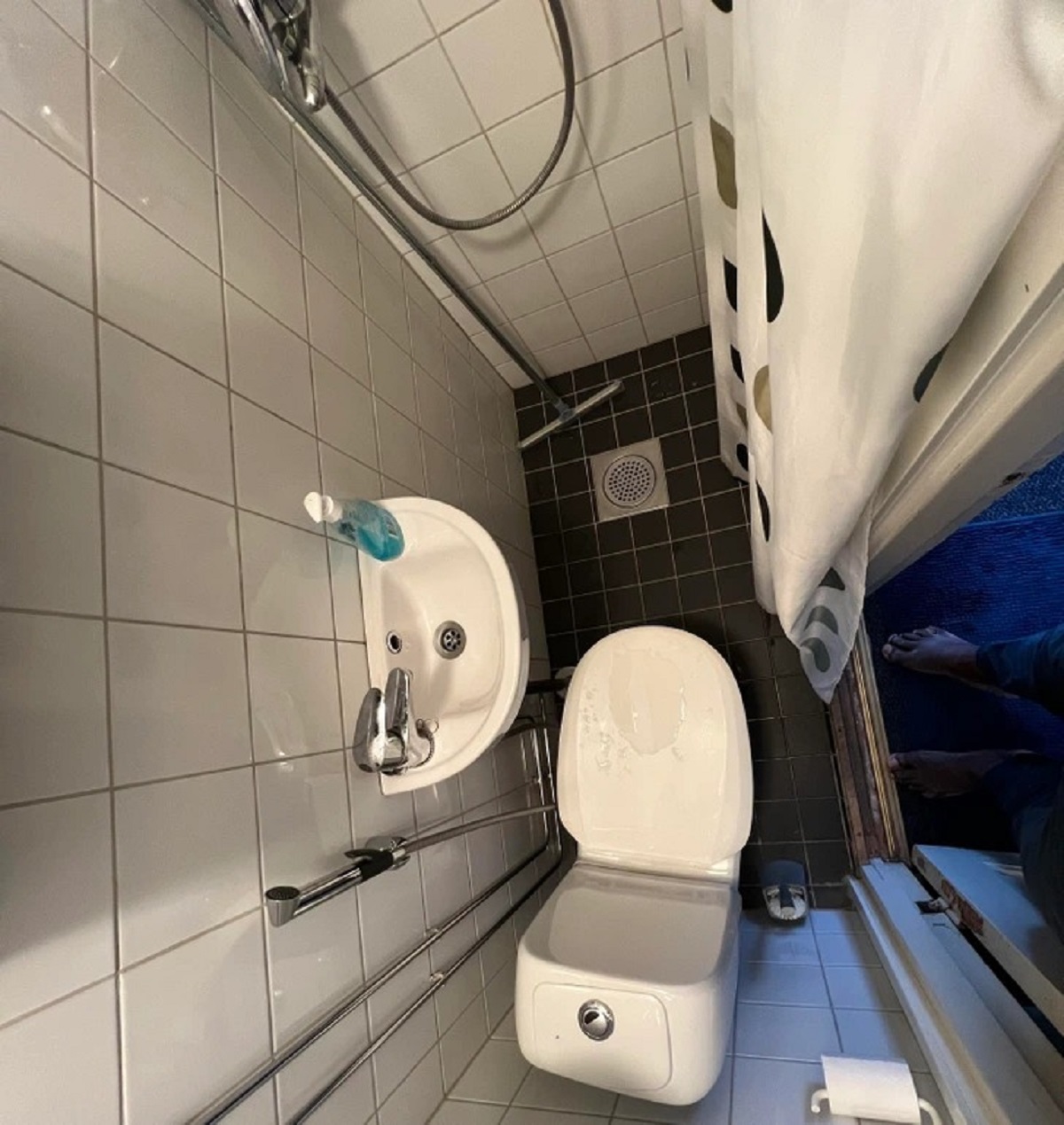 “The bathroom in my rental in Helsinki, Finland. On the bright side, I could potentially brush my teeth, shower, and drop a number 2 at the same time.”