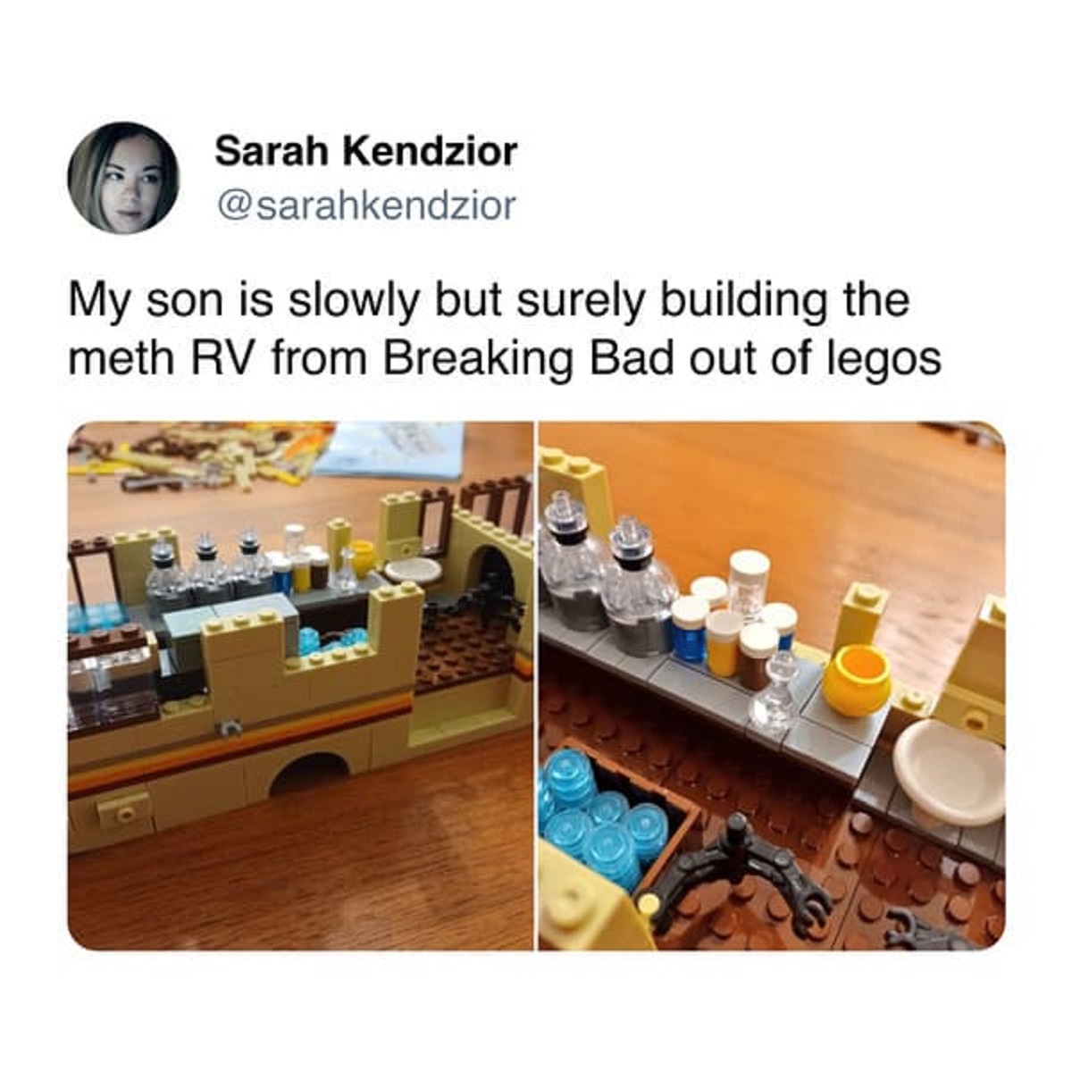 table - Sarah Kendzior My son is slowly but surely building the meth Rv from Breaking Bad out of legos 2222