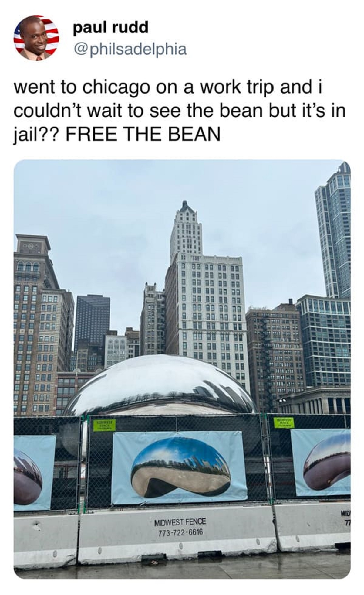 prudential plaza - paul rudd went to chicago on a work trip and i couldn't wait to see the bean but it's in jail?? Free The Bean Mewest Fence 77372206