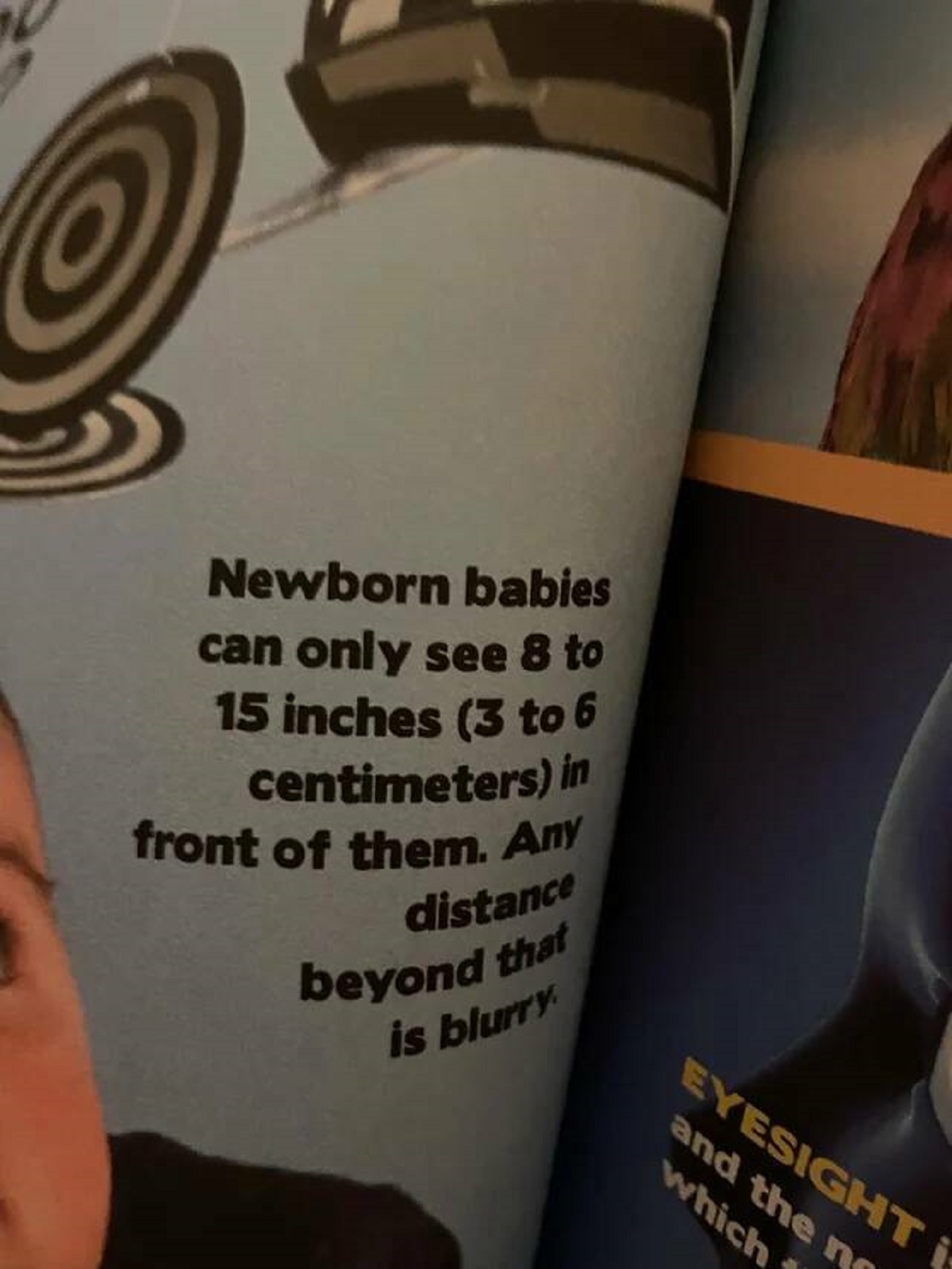 arm - Newborn babies can only see 8 to 15 inches 3 to 6 centimeters in front of them. Any distance that beyond is blurry Eyesight and the no which