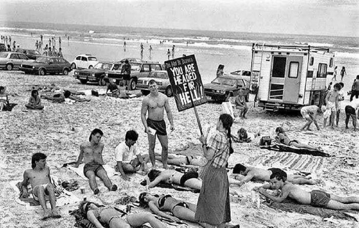 Puritan Demonstrates Against Too Revealing Swimwear On A Florida Beach, 1985. USA