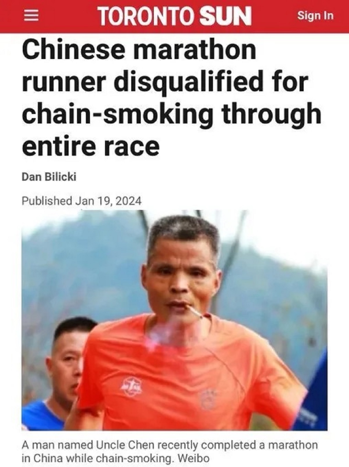 chinese man marathon smoking - Toronto Sun Chinese marathon runner disqualified for chainsmoking through entire race Dan Bilicki Published Sign In A man named Uncle Chen recently completed a marathon. in China while chainsmoking. Weibo