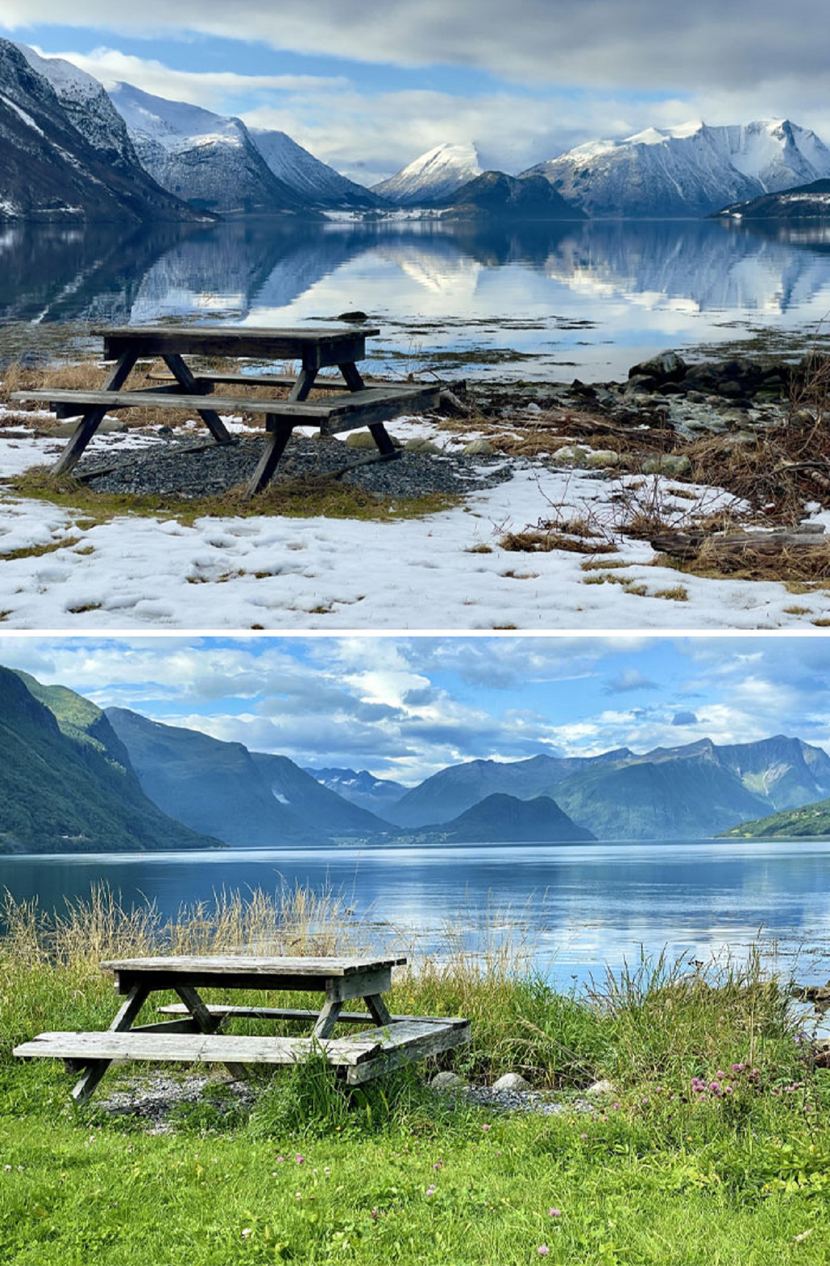 One Bench, Two Seasons. February vs. August 2023 In Andalsnes, Norway