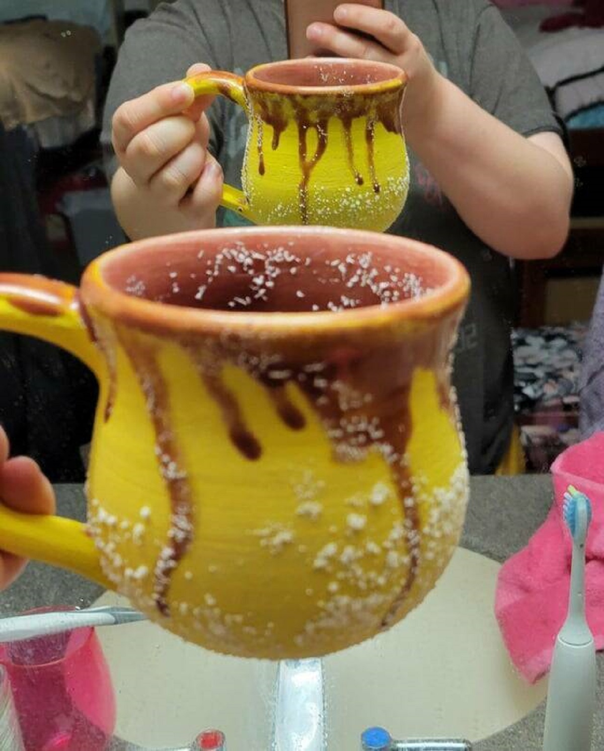 "My sister accidentally left some salt water in her ceramic mug overnight and salt crystals seeped through"