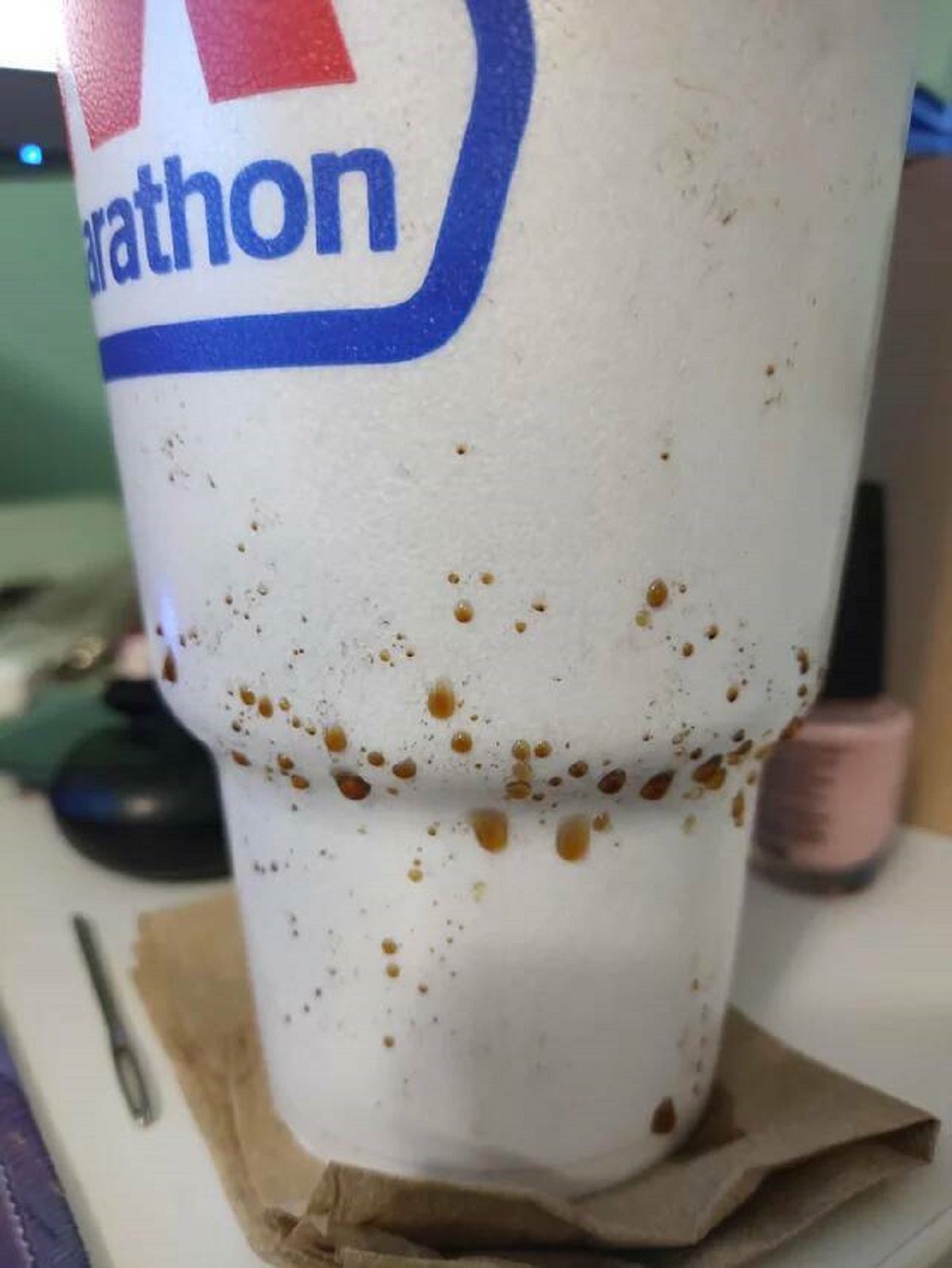 "My styrofoam cup is just porous enough to make the soda "sweat""