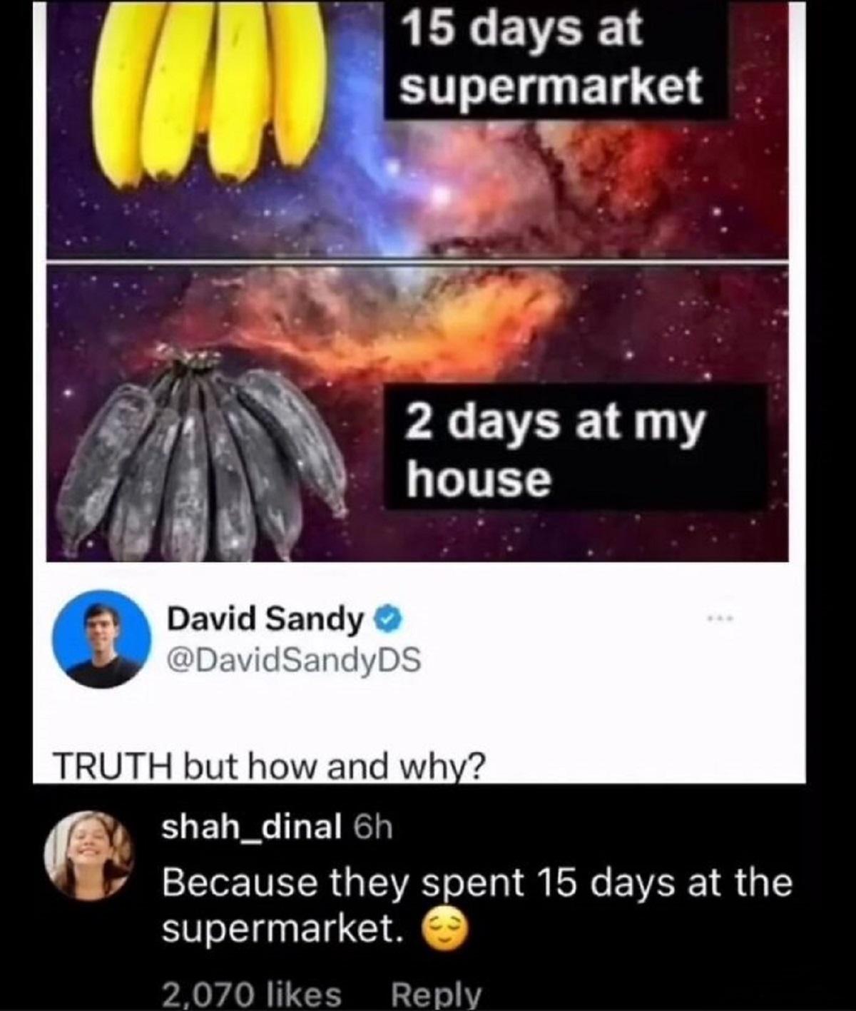 screenshot - an 15 days at supermarket 2 days at my house David Sandy Truth but how and why? shah_dinal 6h Because they spent 15 days at the supermarket. 2,070