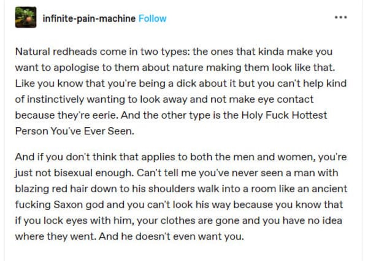 document - infinitepainmachine Natural redheads come in two types the ones that kinda make you want to apologise to them about nature making them look that. you know that you're being a dick about it but you can't help kind of instinctively wanting to loo