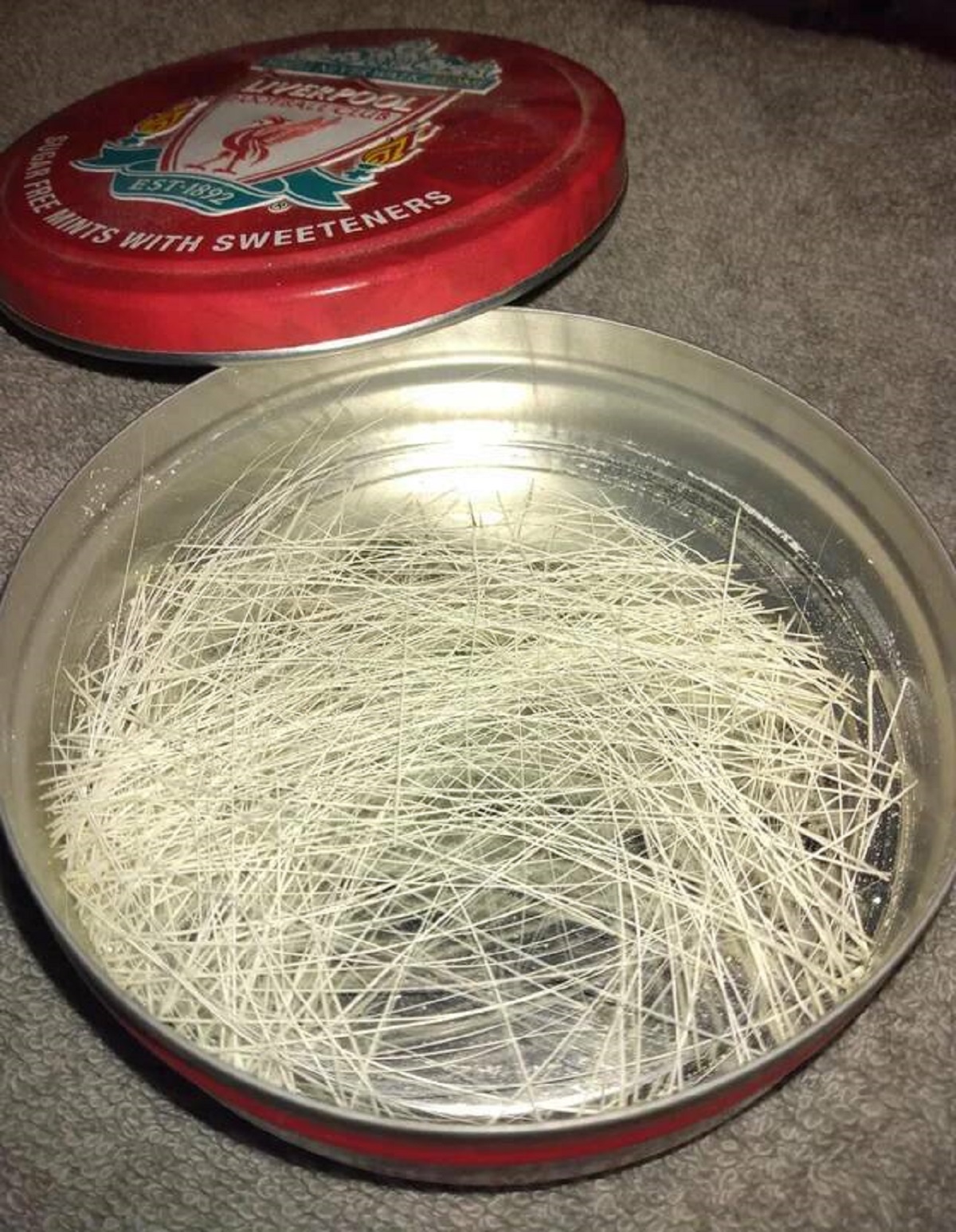 "All the whiskers that I've collected over the years from my two cats that either broke off or naturally fallen out"