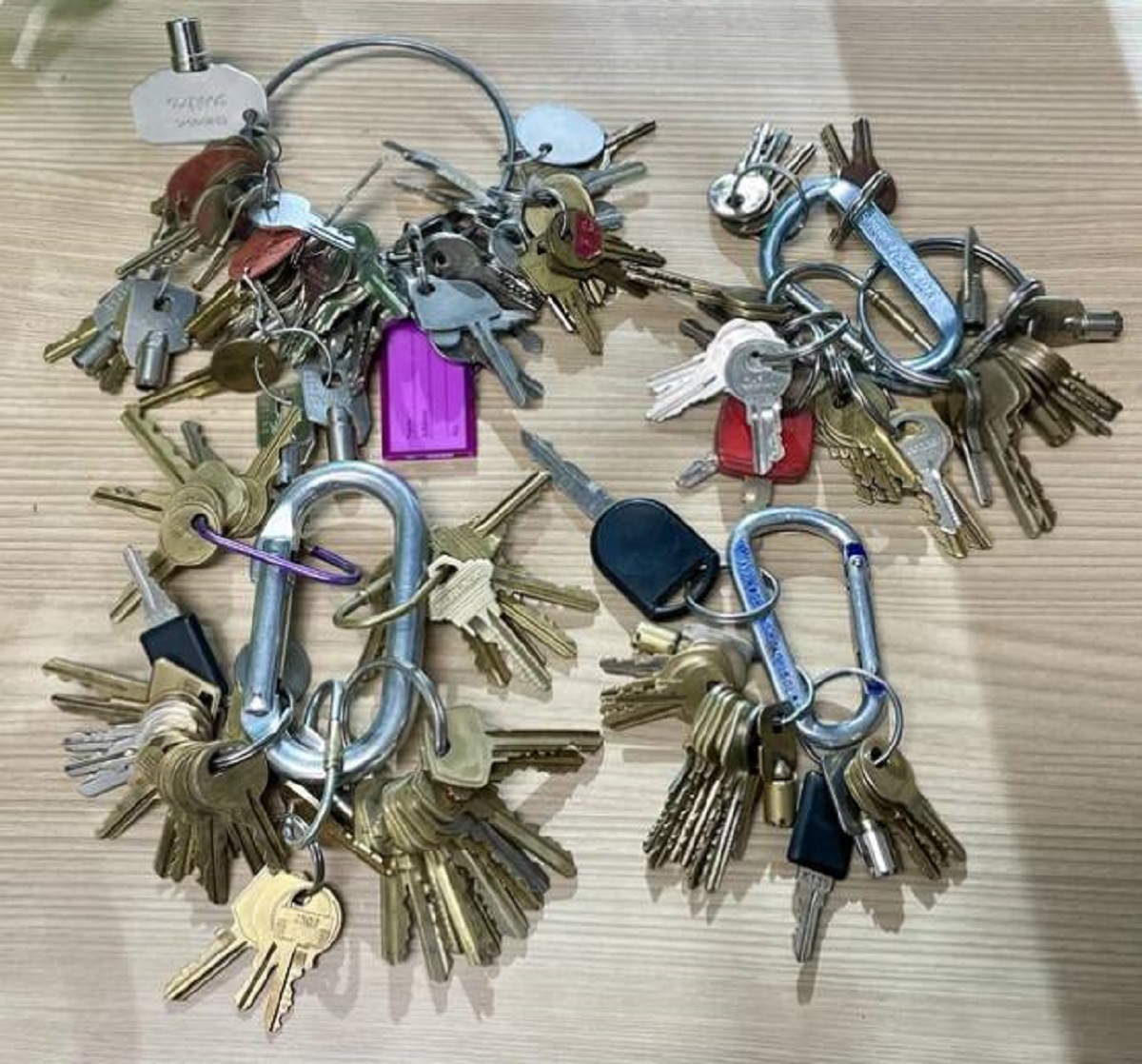 "Two long-time maintenance staff retired and left me with these four key rings"