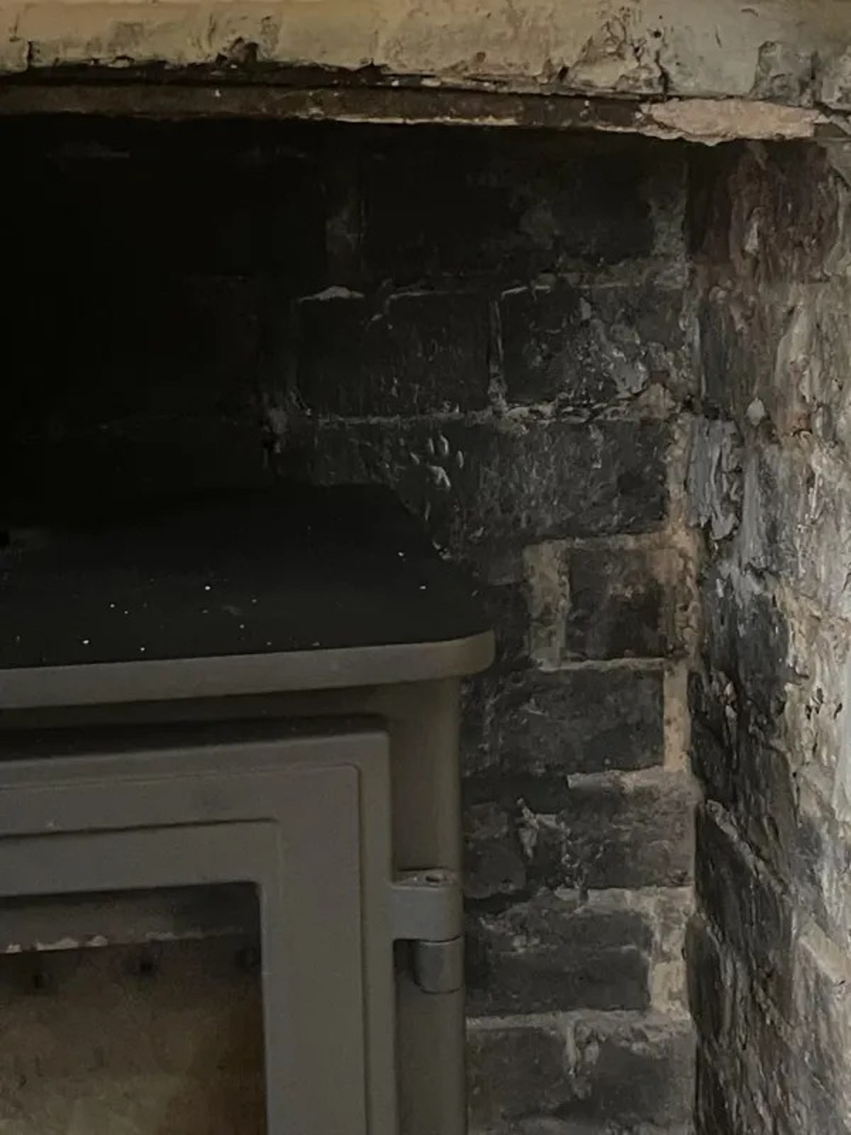 My dog passed in September. She would sit by our fireplace to keep warm. I just noticed this as we are renovating the fireplace. What are the odds of this exact brick being used in this exact location, facing into our lounge area, with a pawprint physically embedded into it?