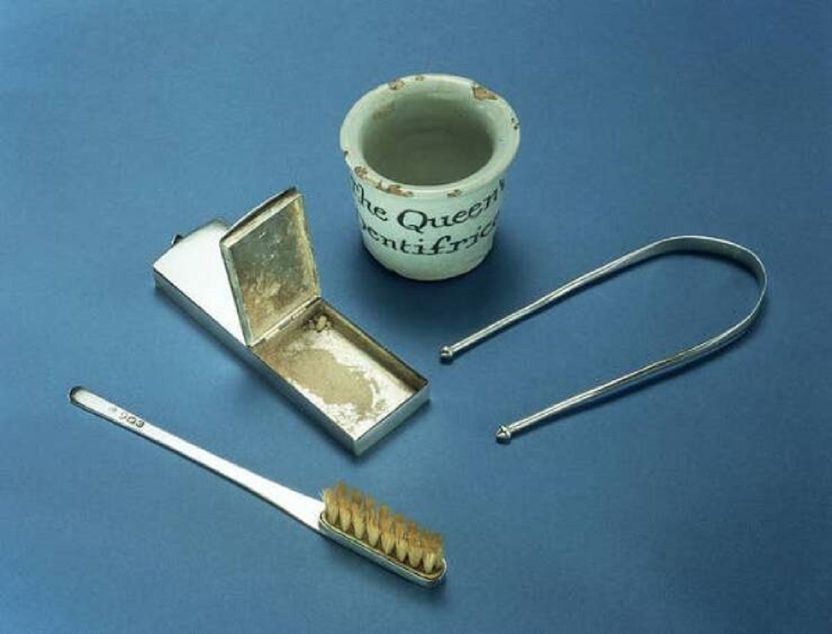 We all brush our teeth, right? Well, so did people 350 or so years ago in England — they used this toothbrush, dental powder, and tongue scraper.