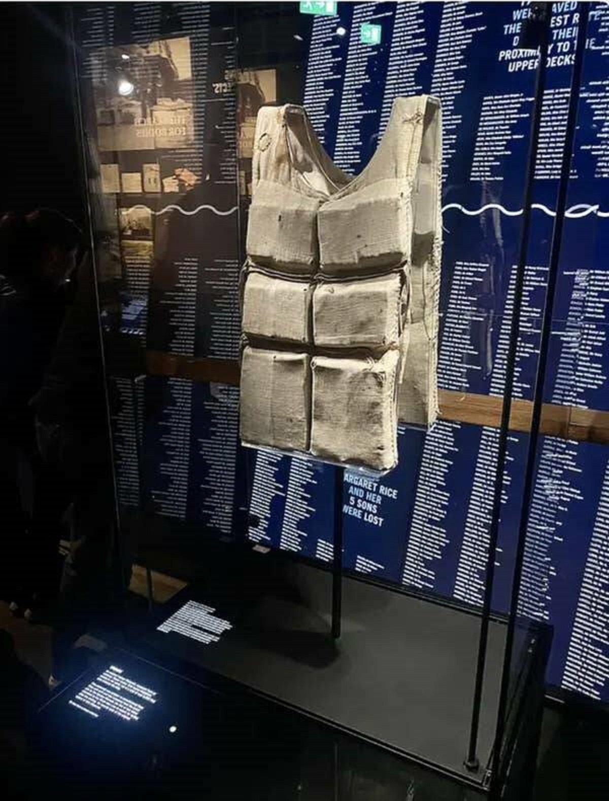 This life vest from the Titanic is one of only six (out of an original 3,500) that still exists today. It was recovered from the field of debris by Robert Edwards, quartermaster of a ship chartered by the White Star Line to search for bodies.