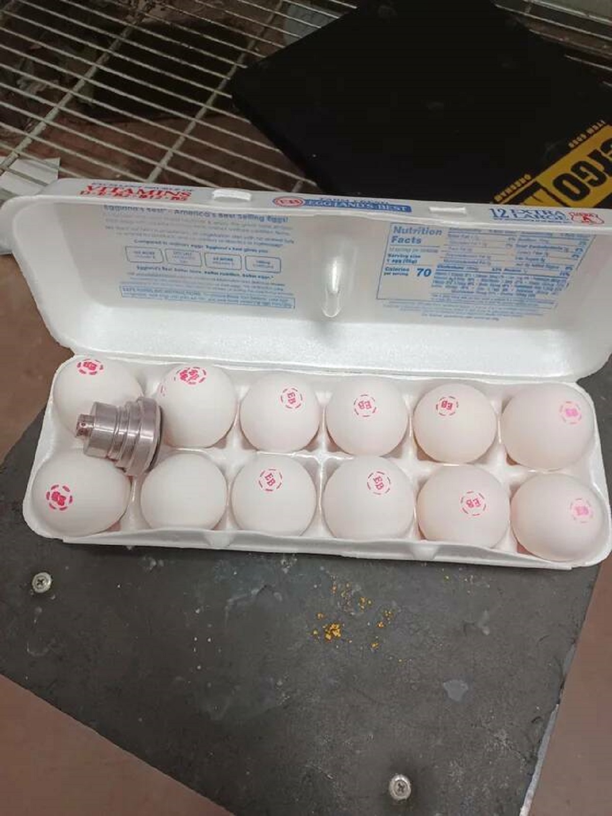 "Found the logo stamp in this dozen of eggs at the grocery store"