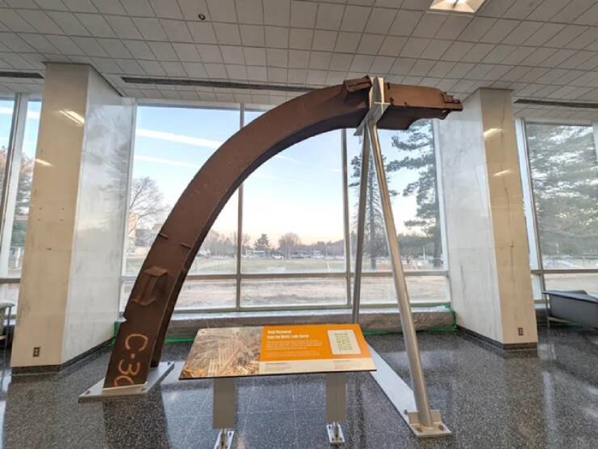 "This once-straight steel support column recovered from the World Trade Center"