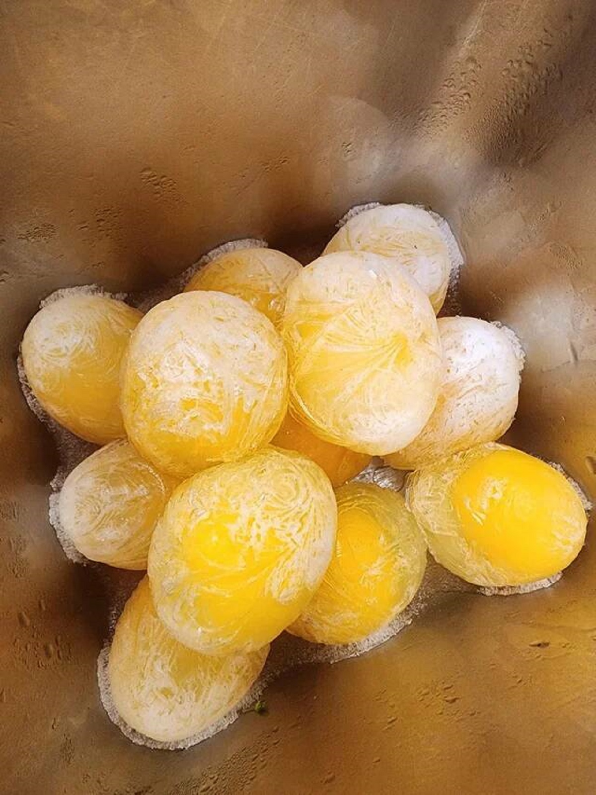 "The hardboiled eggs at my restaurant got frozen overnight and the whites turned clear again"