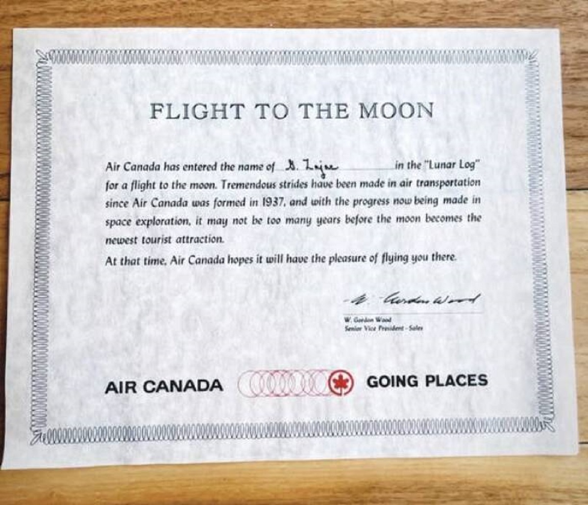 Here is a reservation to a flight to the moon that Air Canada offered in 1969 (Pan Am did something similar, and believed they would be able to offer flights by the year 2000).
