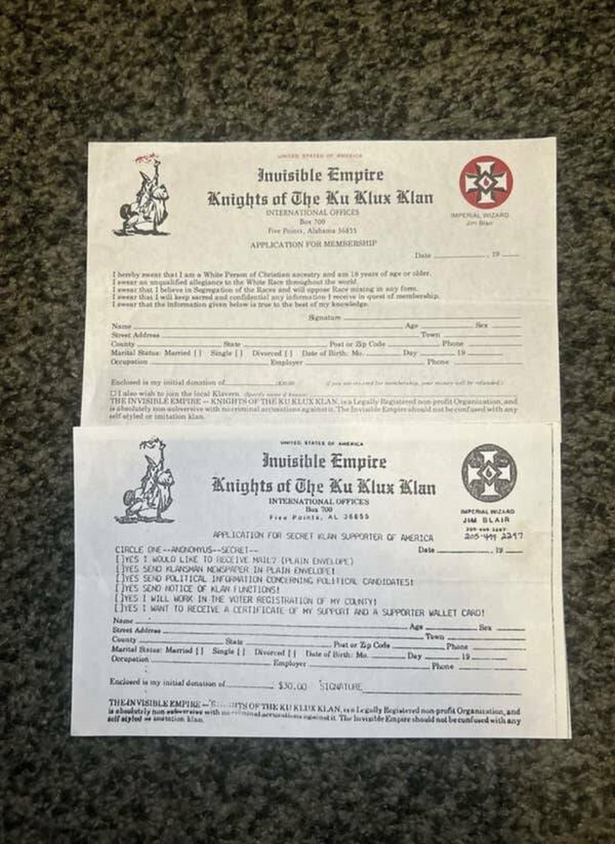 Here is an old KKK membership form.