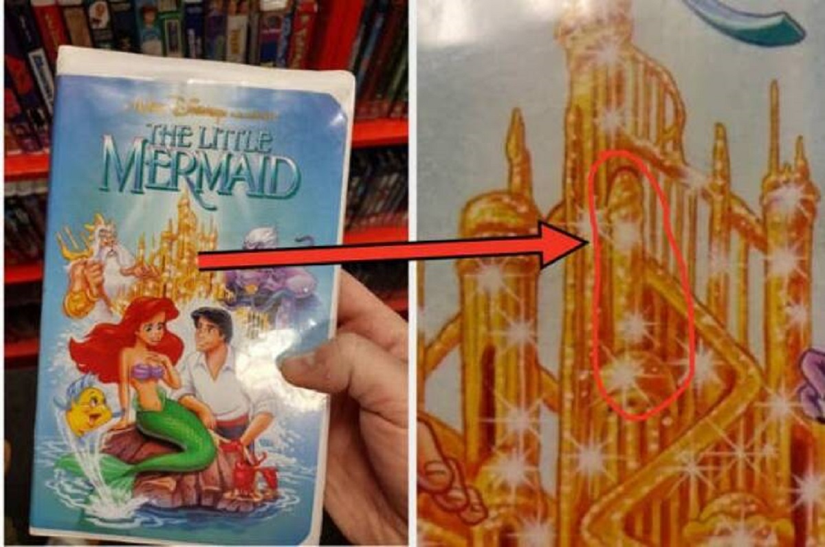 Here is the infamous original cover for the VCR edition of The Little Mermaid, which is famously rumored to contain a phallic symbol that was removed from later posters and DVDs.