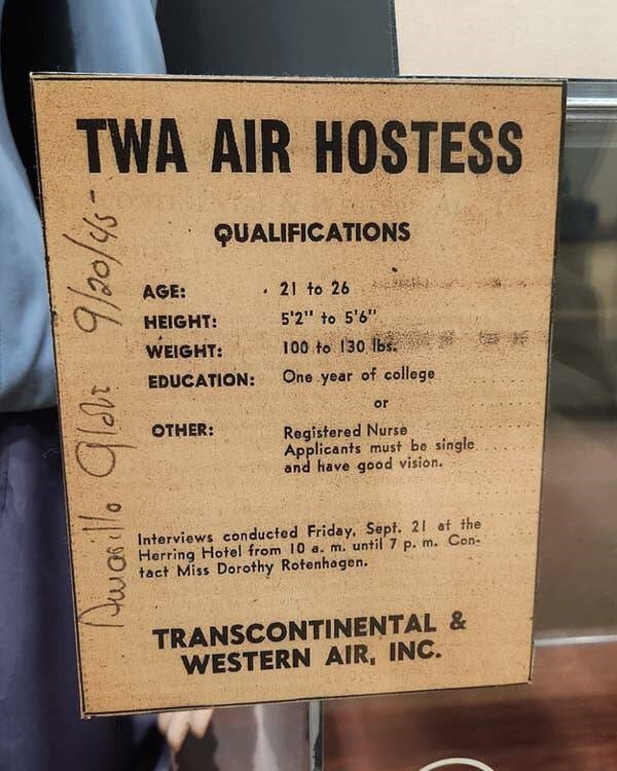 Here are air hostess requirements from the 1940s.