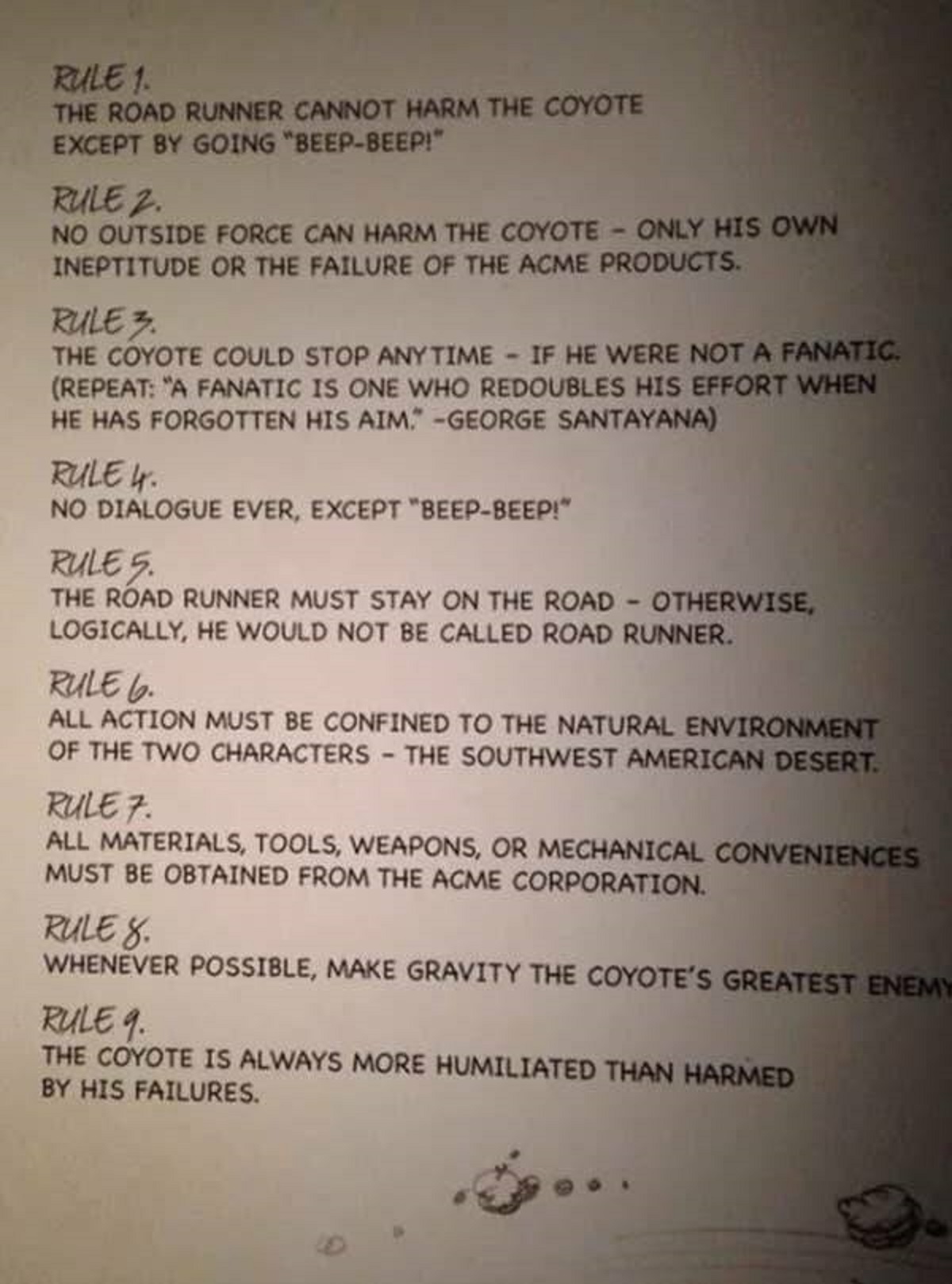 Here are the rules to writing Wile E. Coyote and Road Runner shorts, straight from creator, Chuck Jones.