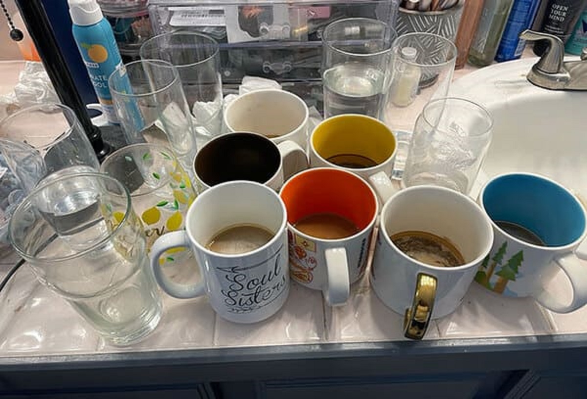 “This Represents A Single Week Of Mugs And Glasses That My Wife Leaves In Our Bathroom. I Clean All Of These Every Week, And They Are Back The Next One. Anyone Else Feel My Pain?”