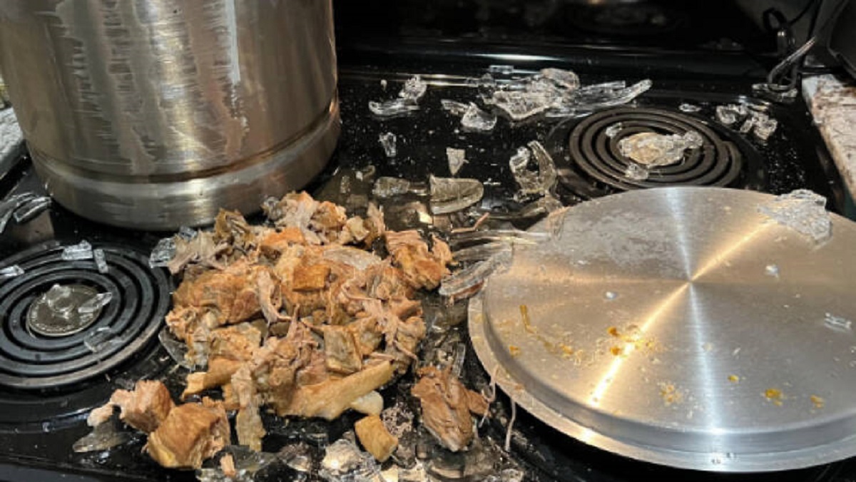 “Pyrex exploded while I transferred my roast.”